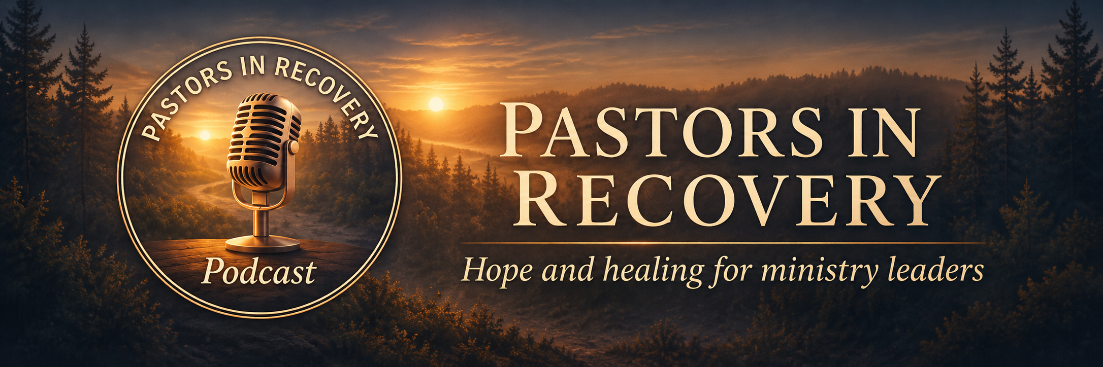 Pastors in Recovery — Hope and healing for ministry leaders. Gold microphone logo over a forest sunrise.